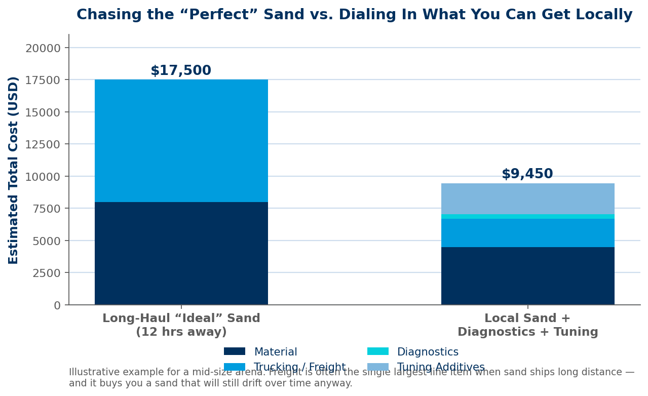 Cost comparison: long-haul ideal sand vs. local sand plus diagnostics and tuning