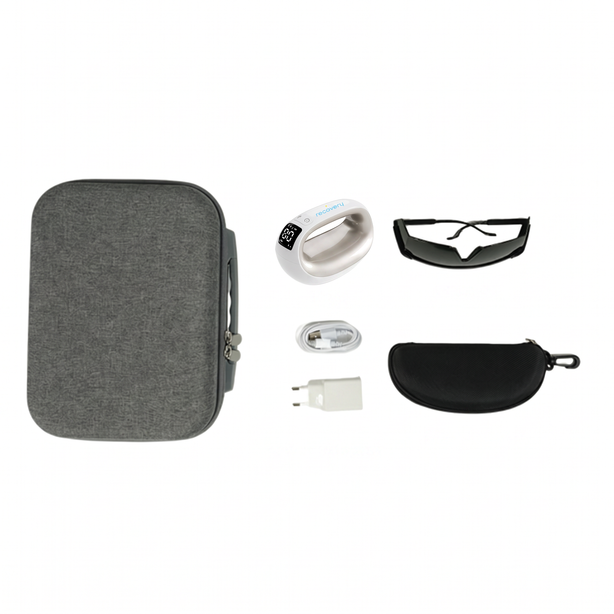 What's in the box: device, goggles, glasses case, power adapter, USB cable and carry case