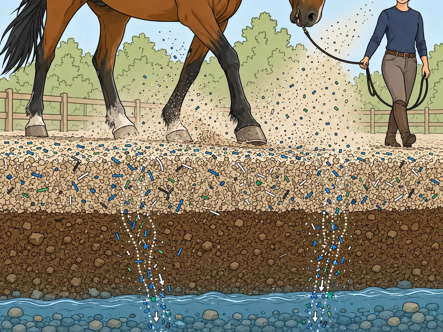 Cross-section illustration of a horse arena showing microplastic fragments from synthetic fibers migrating through the footing and base layers into groundwater below