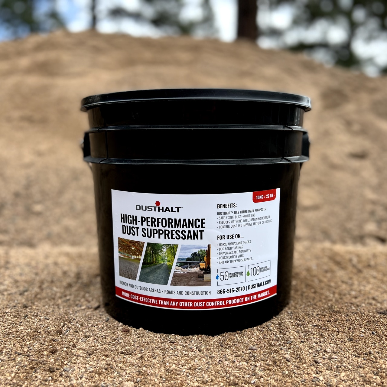 Dust Halt™ 22 lb bucket on the ground — covers up to 22,000 sq. ft.