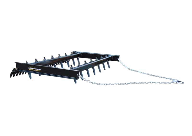 A metal rake with a chain attached to it.