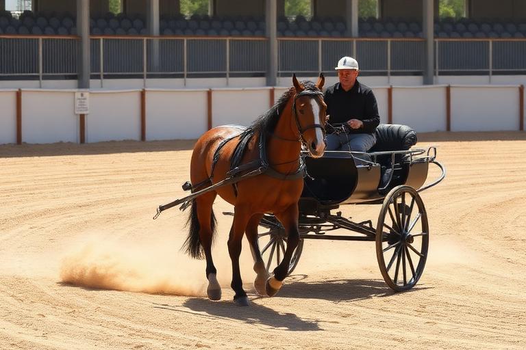 Horse-drawn carriage driving competition in a sandy arena