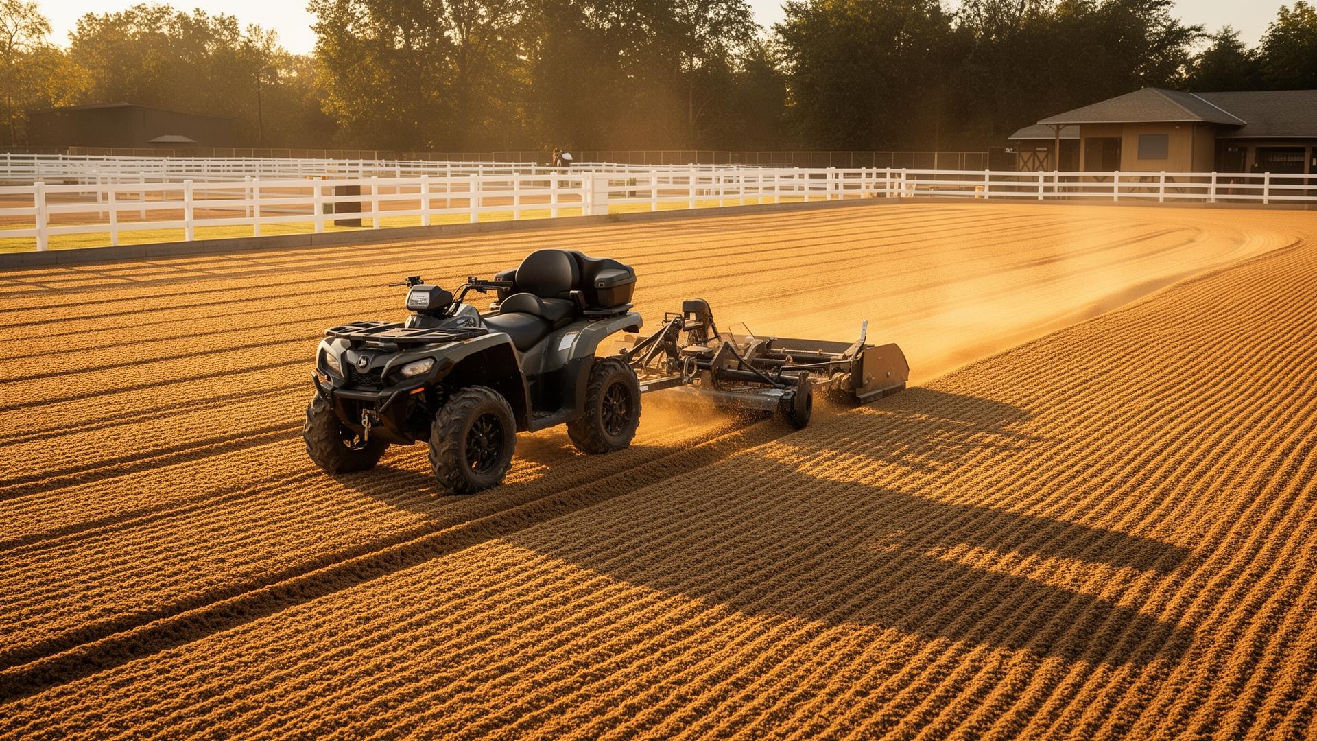 ATV pulling arena groomer across professional horse arena
