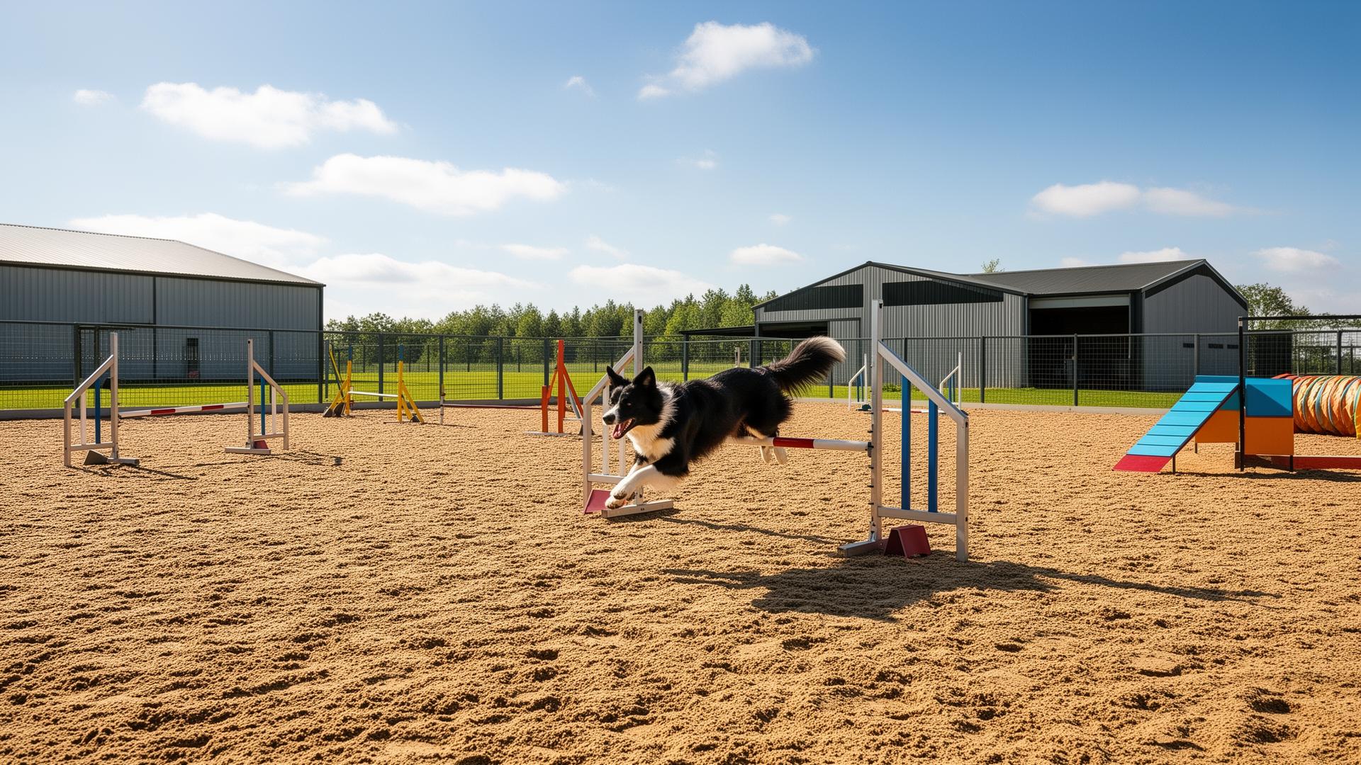 Dog agility course with dog navigating obstacles on quality footing