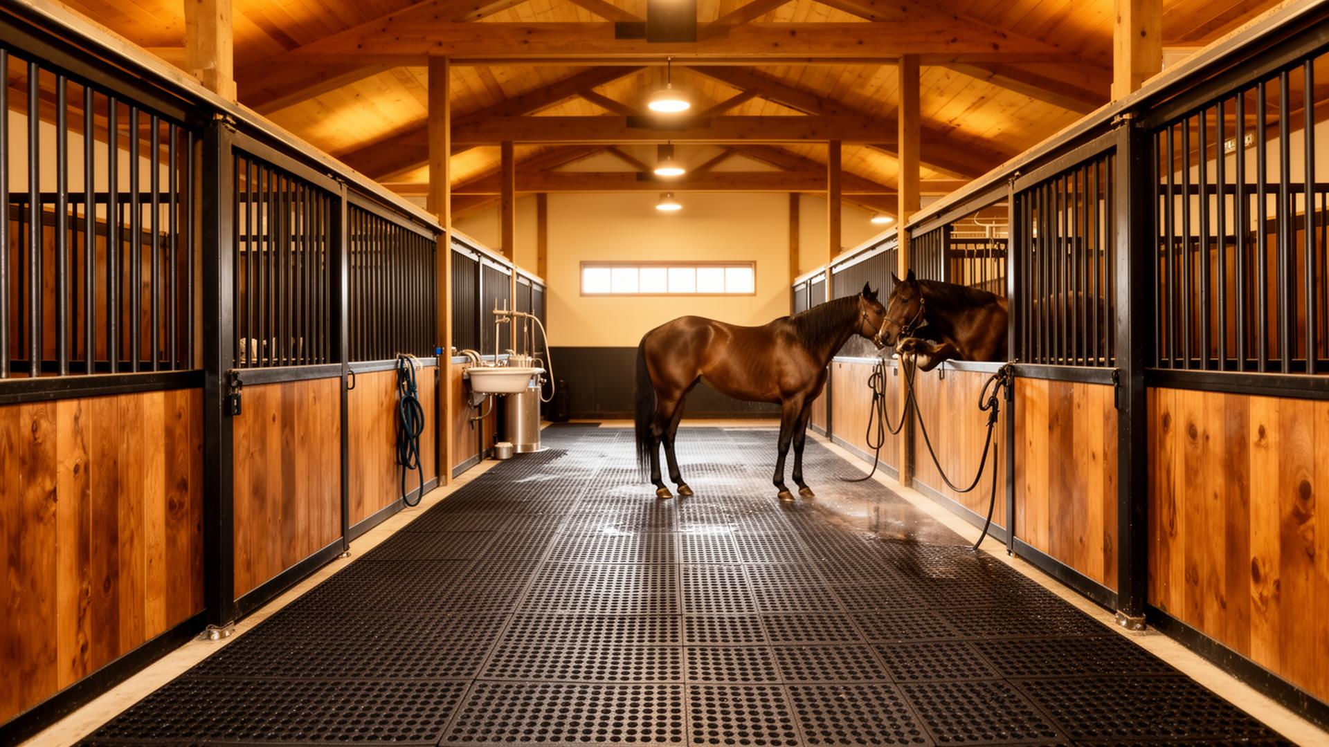 Premium equestrian barn facility with rubber mat flooring