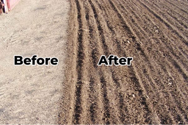 Before and after groomed arena footing using the Arena Rake