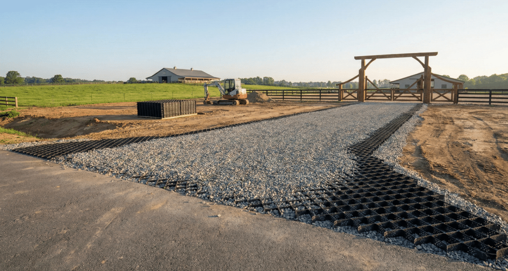 BaseCore geocell panels installed on arena access lane with angular aggregate fill preventing mud