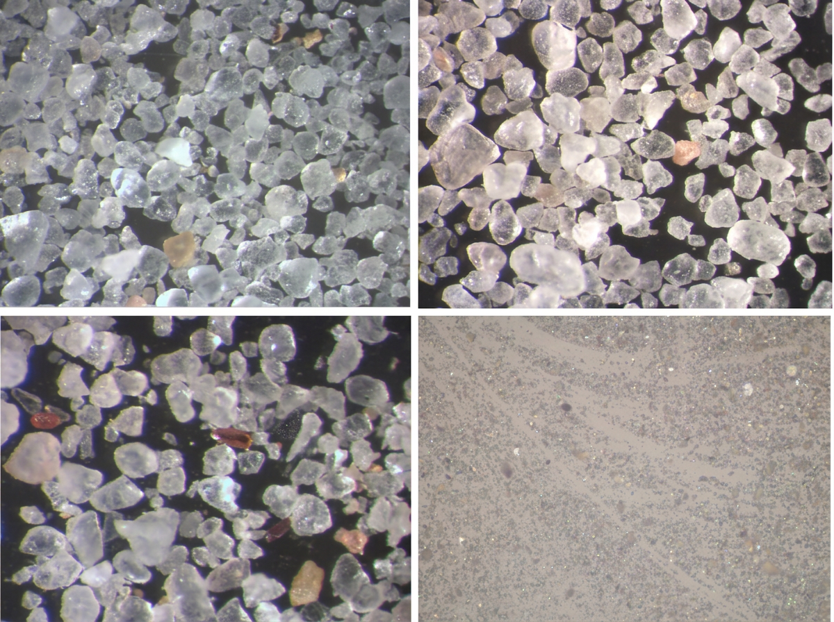 Macro view of sub-angular silica sand grains showing the angular edges that let particles interlock instead of rolling past each other.