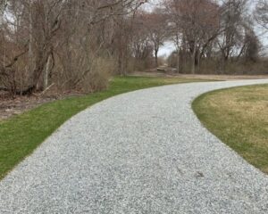 A gravel path in a park with grass and trees.