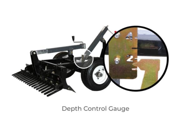A tractor equipped with an Arena Rake attachment featuring a deep control gauge.