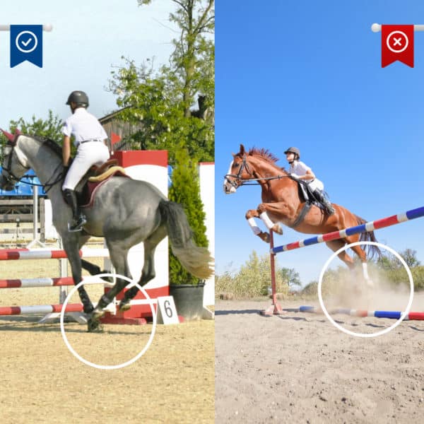 Two pictures of a horse and rider gracefully jumping over an obstacle, kicking up a cloud of Dust Halt™ in their swift halt.