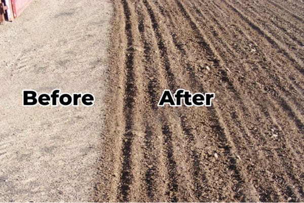 A picture showcasing the transformation of a plowed field before and after being meticulously groomed with an Arena Rake.
