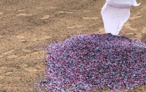 A pile of pink and purple confetti in the sand.