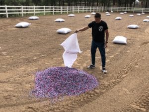 A man standing next to a pile of pink sand in an arena.