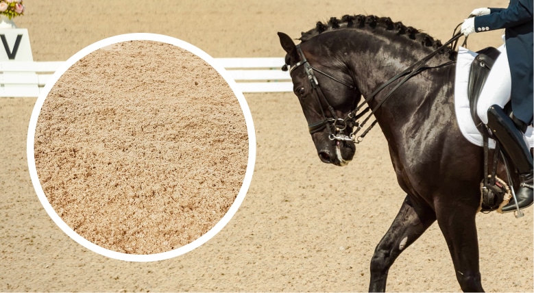 A woman is riding a horse in an equestrian competition on Arena Footing Solutions.