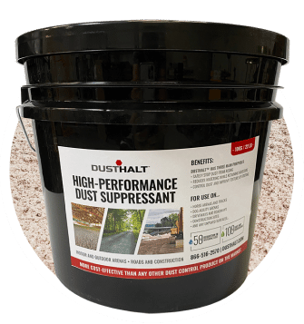 A bucket of high-performance urethane sealer for dust-free horse arena footing.