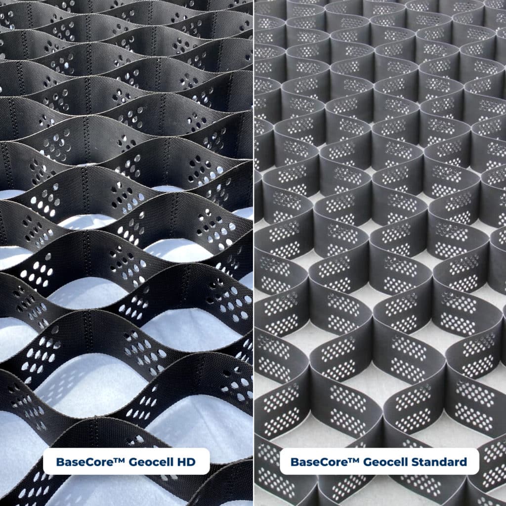 A picture of a black mesh and a picture of a BaseCore™ Geocell.