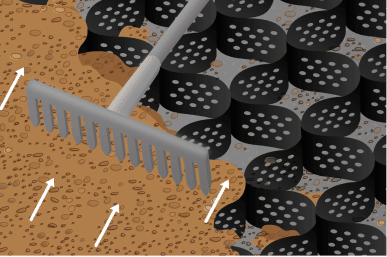 An illustration of a rake being used to dig a hole in the ground.