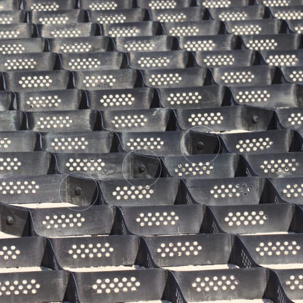 A row of black plastic BaseClips (Pack of 45) baskets with holes in them.