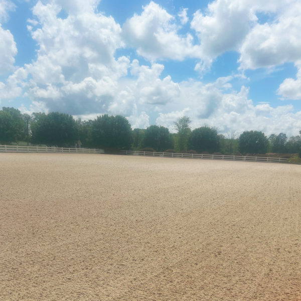 An empty field with a white fence and blue sky, featuring Noviun Fiber and Elastomer Horse Footing.