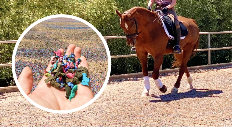 A woman is riding a horse with a bunch of flowers in her hand.