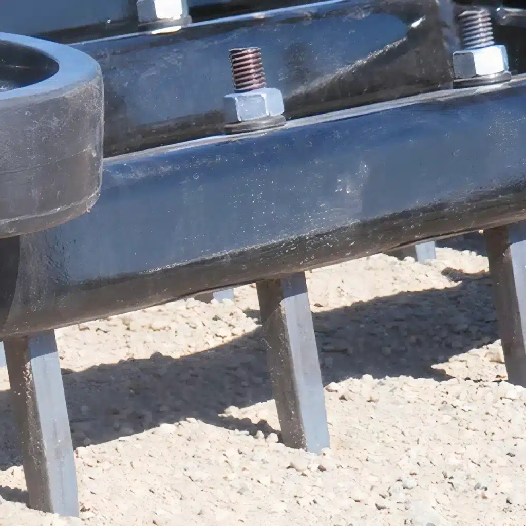 A group of black pipes with Tines sitting on the ground.