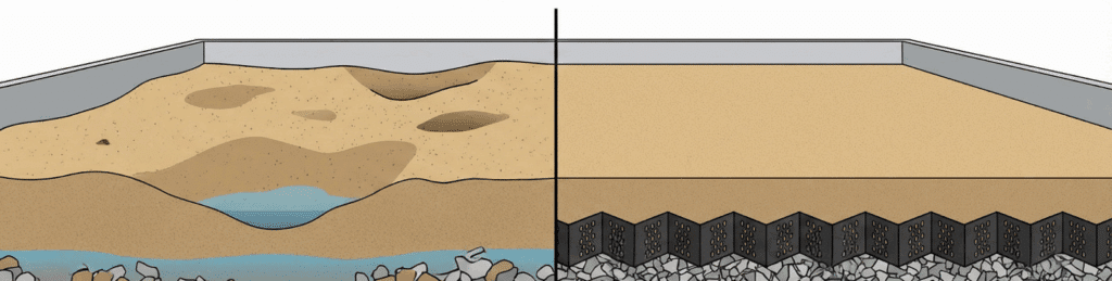 Side by side comparison showing traditional arena base failure with deep spots