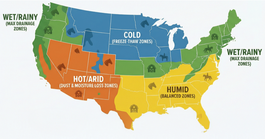 Map showing cold, hot/arid, wet/rainy, and humid climate zones for arena construction