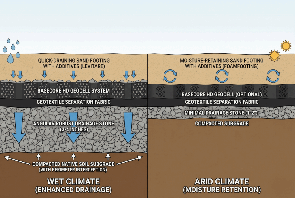 Build for Your Climate: Arena Specs by Region 2 Side-by-side cross-section diagrams showing drainage-heavy vs moisture-retention arena builds