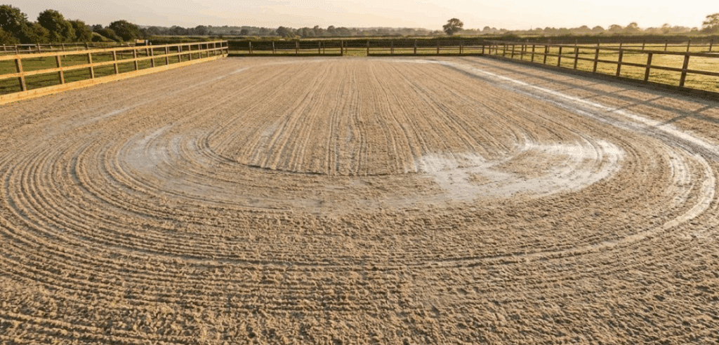 Horse arena with freshly groomed footing surface showing proper texture and moisture during break-in period