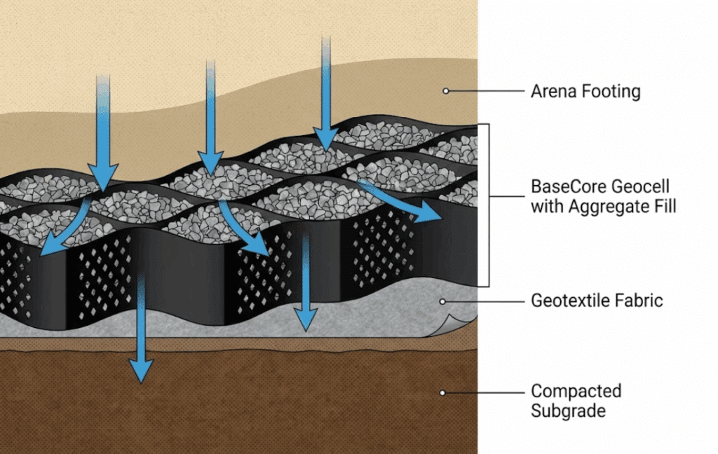 Diagram showing water drainage path through BaseCore geocell arena base layers