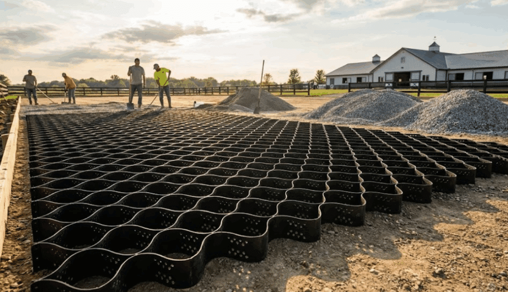 BaseCore HD geocell panels expanded showing honeycomb structure for arena drainage installation