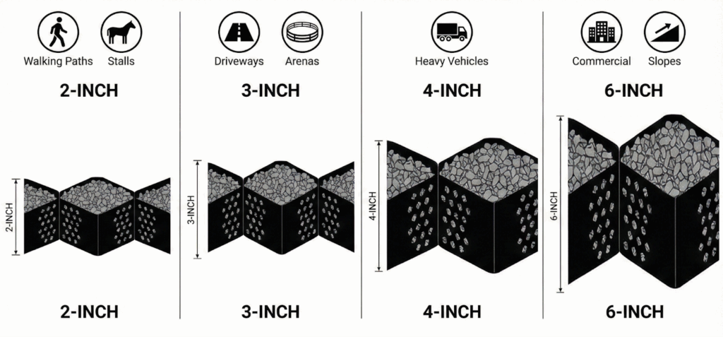 12 High-ROI Ways to Use BaseCore Ground Grids Around Your Barn 2 Chart showing BaseCore geocell depth options from 2 to 6 inches for different farm uses