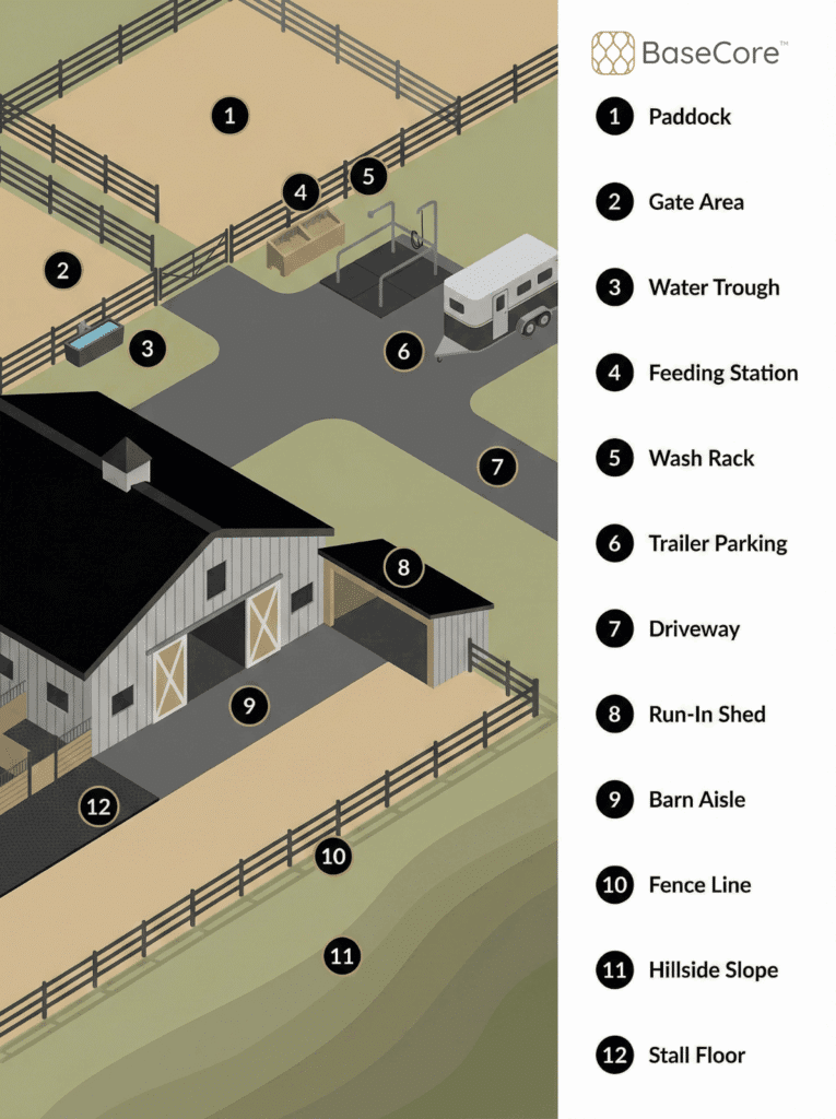 12 High-ROI Ways to Use BaseCore Ground Grids Around Your Barn 3 Infographic showing 12 BaseCore geocell applications including paddocks driveways and wash areas