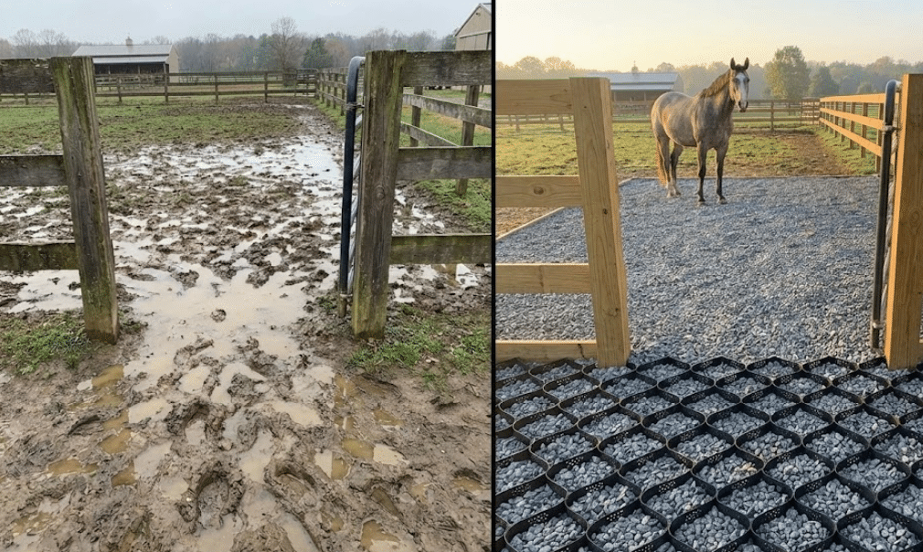BaseCore HD geocell panels installed at muddy paddock gate area with gravel infill