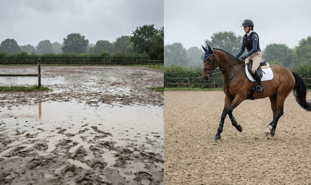 Side-by-side comparison of muddy traditional arena versus dry BaseCore-equipped arena after rain