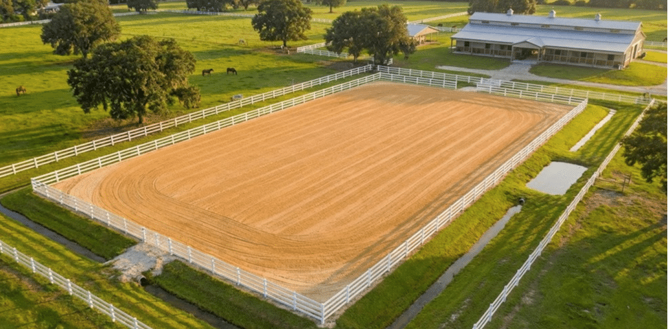 Professional horse arena with engineered base and drainage for dressage and jumping