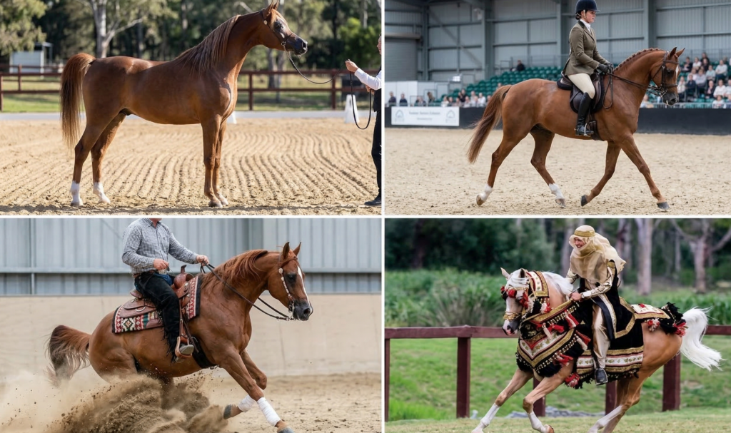 Arabian Horse Footing: The Complete Guide to Protecting Performance Across Every Discipline 1 Arabian horses in four show disciplines including halter, English pleasure, reining, and native costume class
