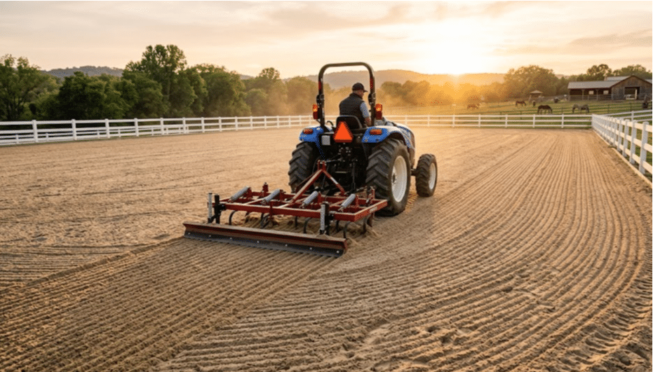 Tractor with drag attachment grooming an indoor arena surface at the end of a riding day.