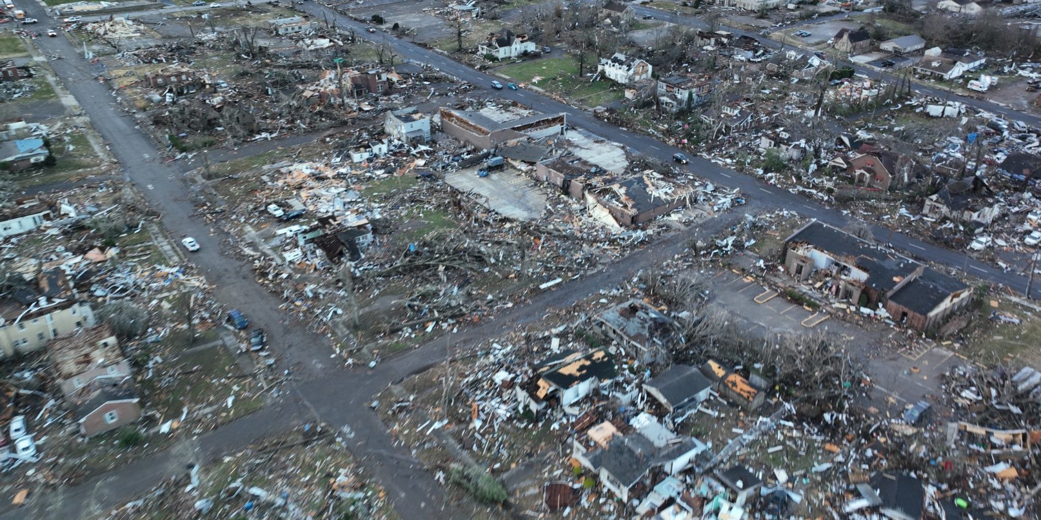 An aerial view of Mayfield, KY after being devastated by a tornado.