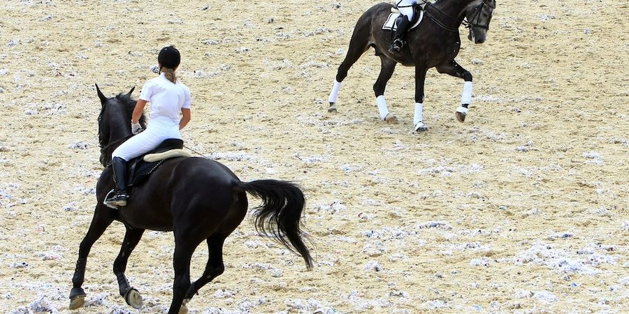 Two people riding horses in a sand arena, comparing Foam Footing and GGT Footing.